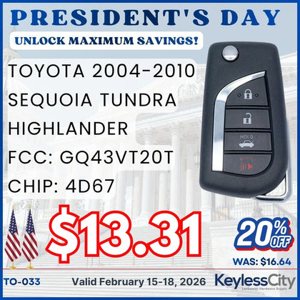 2004-2010 Toyota / 4-Button Flip Key NEW STYLE / GQ43VT20T (67 Chip) (AFTERMARKET)