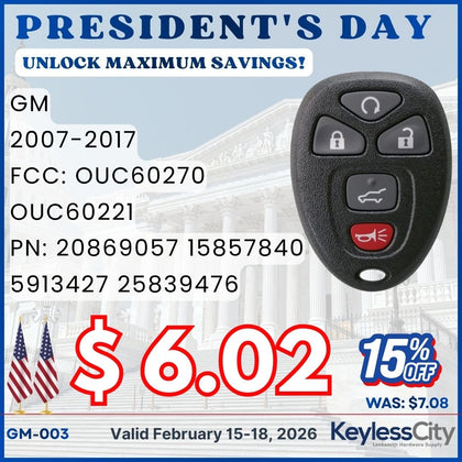2007-2017 GM / 5-Button Keyless Entry Remote / PN: 20869057 / OUC60270 OUC60221 (AFTERMARKET)