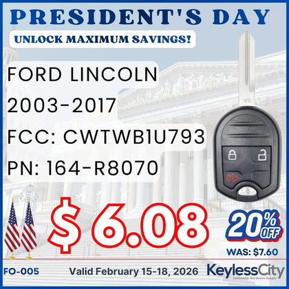 2003-2017 Ford Lincoln / 3-Button Remote Head Key / PN: 164-R8070 / CWTWB1U793 (AFTERMARKET)