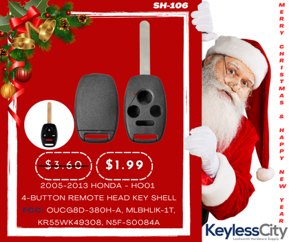 2005-2013 Honda / 4-Button Remote Head Key STRONG SHELL / HO01 / OUCG8D-380H-A, MLBHLIK-1T, KR55WK49308, N5F-S0084A (AFTERMARKET)