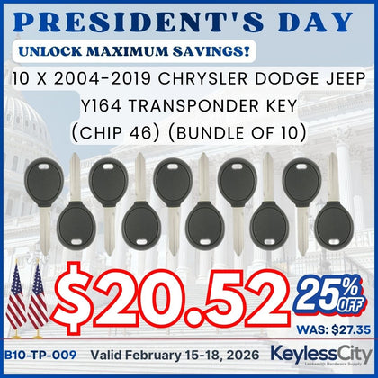 10 X 2004-2019 Chrysler / Dodge / Jeep Transponder Key / Y164 (Chip 46) (AFTERMARKET) (BUNDLE OF 10)