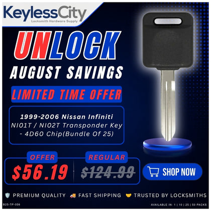 25 X 1999 - 2006 Nissan Infiniti Transponder Key - 4D60 Chip - NI01T / NI02T (AFTERMARKET) (BUNDLE OF 25)
