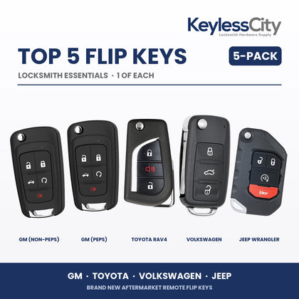 Locksmith Essentials: Top 5 Remote Flip Keys 5-Pack – GM / Toyota / Volkswagen / Jeep (AFTERMARKET)
