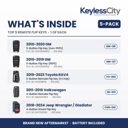 Locksmith Essentials: Top 5 Remote Flip Keys 5-Pack – GM / Toyota / Volkswagen / Jeep (AFTERMARKET)