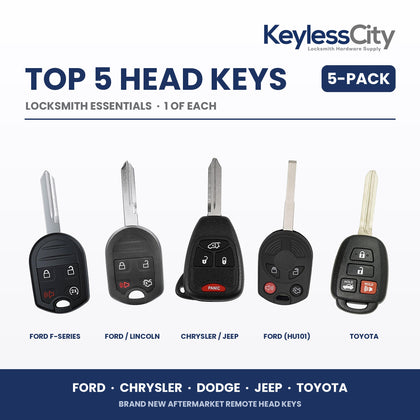 Locksmith Essentials: Top 5 Remote Head Keys 5-Pack – Ford / Chrysler / Dodge / Jeep / Toyota (AFTERMARKET)