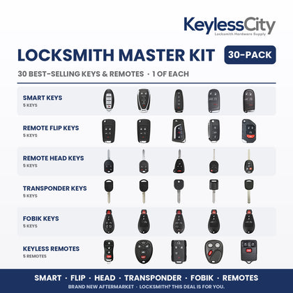 Locksmith Master Kit: 30 Best-Selling Keys & Remotes – Smart, Flip, Head, Transponder, Fobik & Keyless Entry (AFTERMARKET)