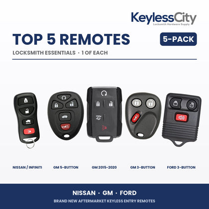 Locksmith Essentials: Top 5 Keyless Entry Remotes 5-Pack – Nissan / GM / Ford (AFTERMARKET)