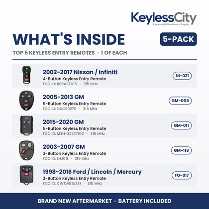 Locksmith Essentials: Top 5 Keyless Entry Remotes 5-Pack – Nissan / GM / Ford (AFTERMARKET)