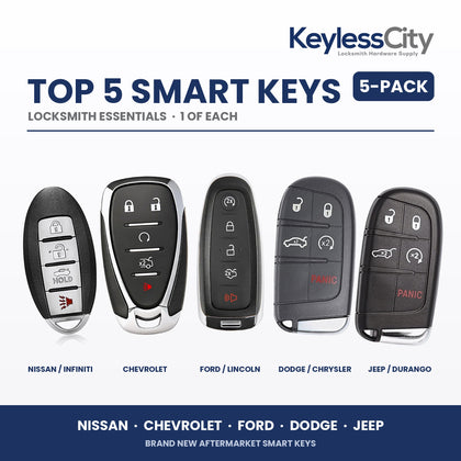 Locksmith Essentials: Top 5 Smart Keys 5-Pack – Nissan / Chevrolet / Ford / Dodge / Jeep (AFTERMARKET)