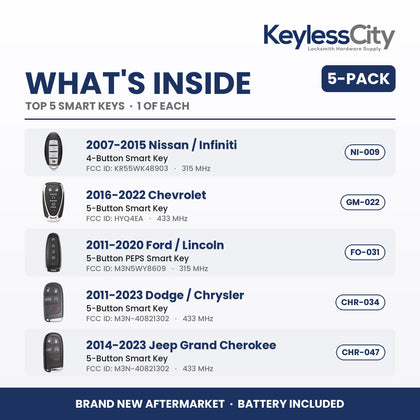 Locksmith Essentials: Top 5 Smart Keys 5-Pack – Nissan / Chevrolet / Ford / Dodge / Jeep (AFTERMARKET)