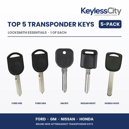 Locksmith Essentials: Top 5 Transponder Keys 5-Pack – Ford / GM / Nissan / Honda (AFTERMARKET)